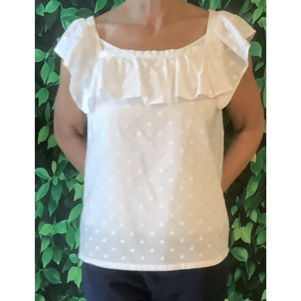 🤍 Ann Taylor White Polka Dot Square Neck Blouse – Size Small